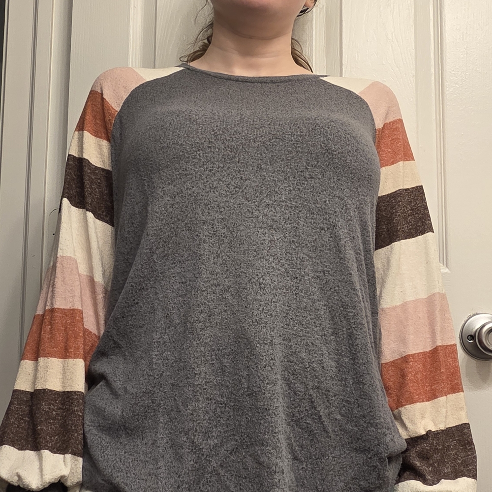 Maurices Gray Sweatshirt with Striped Sleeves
